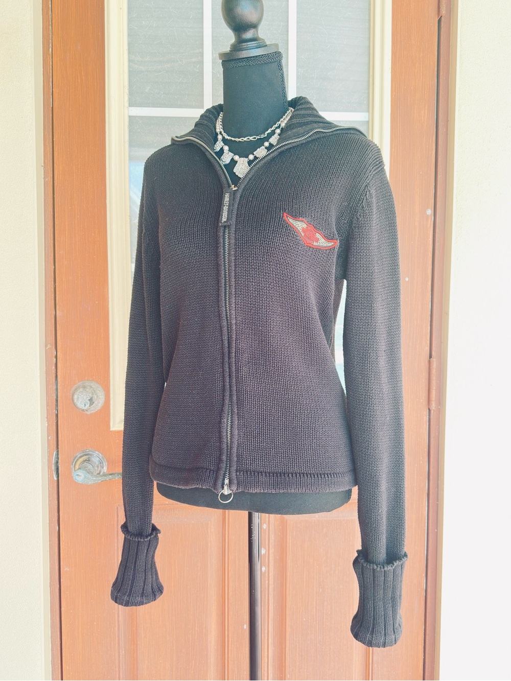 HARLEY-DAVIDSON ~ Black Knit Cardigan with Contrast Logo and Brass Zipper size L - Picture 9 of 10